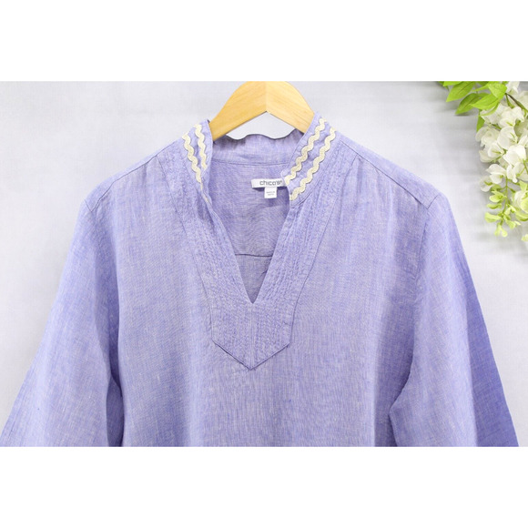 Chico's Women's Sz 3 Embroidered Linen Rick Rack Trim Tunic Blue Veil Top - Picture 3 of 9